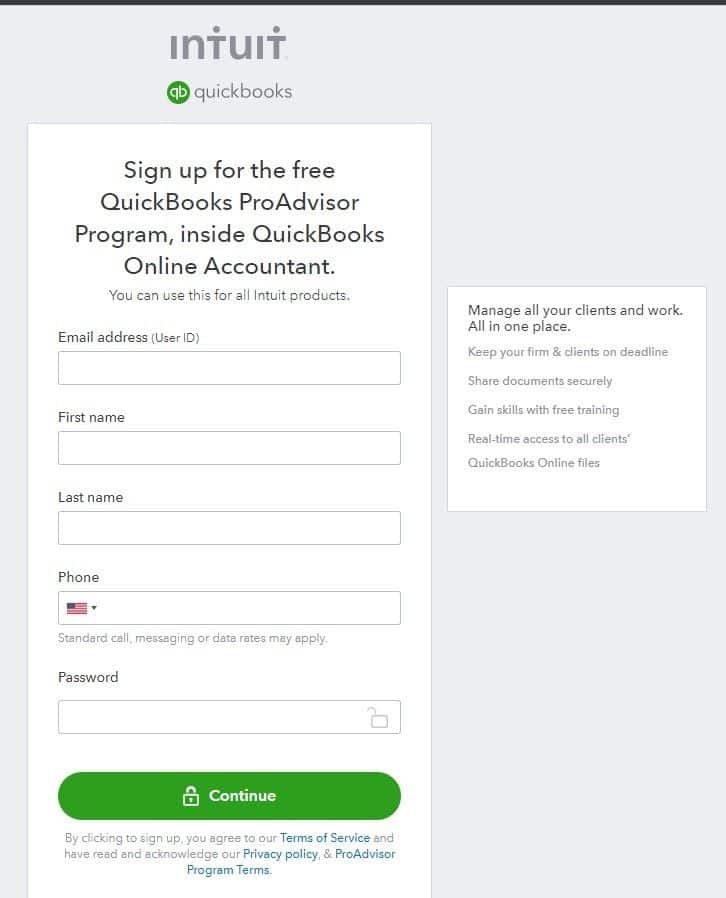 登录页面的QuickBooks在线会计。