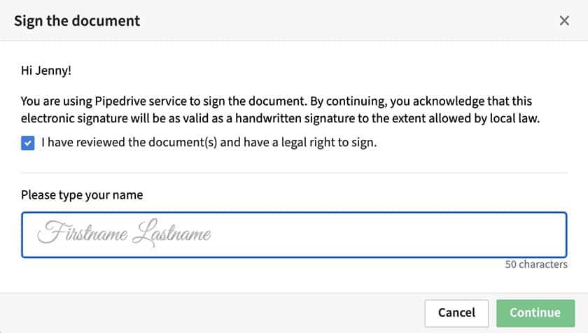 Pipedrive内置数字设计文档签名示例。