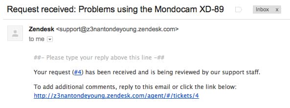 Zendesk客户自动响应示例的截图