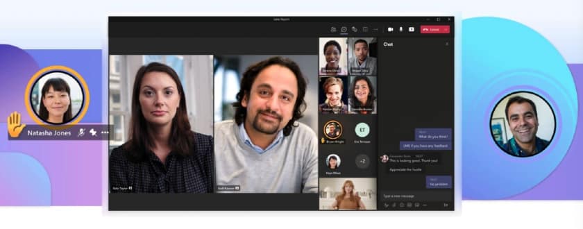 微软团队一对一电话和视频会议界面与与会者的大头照。