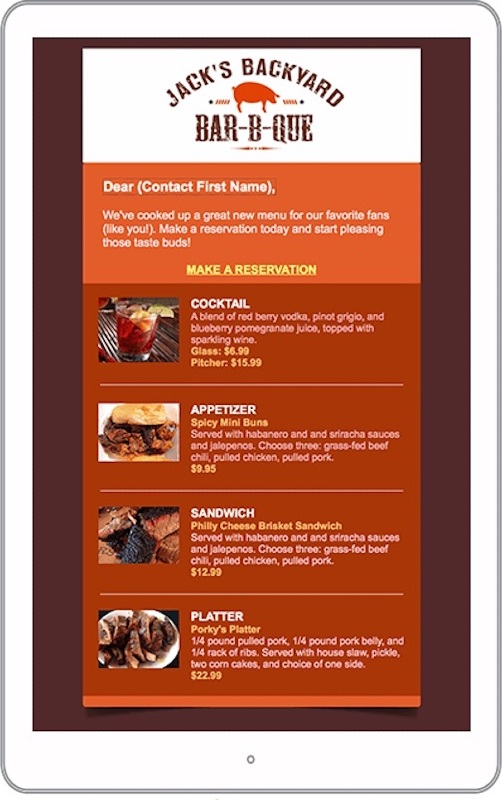 一封来自一家烧烤店的营销邮件，上面有一个标志，开头一行是预订的号召，还有一些菜单项。